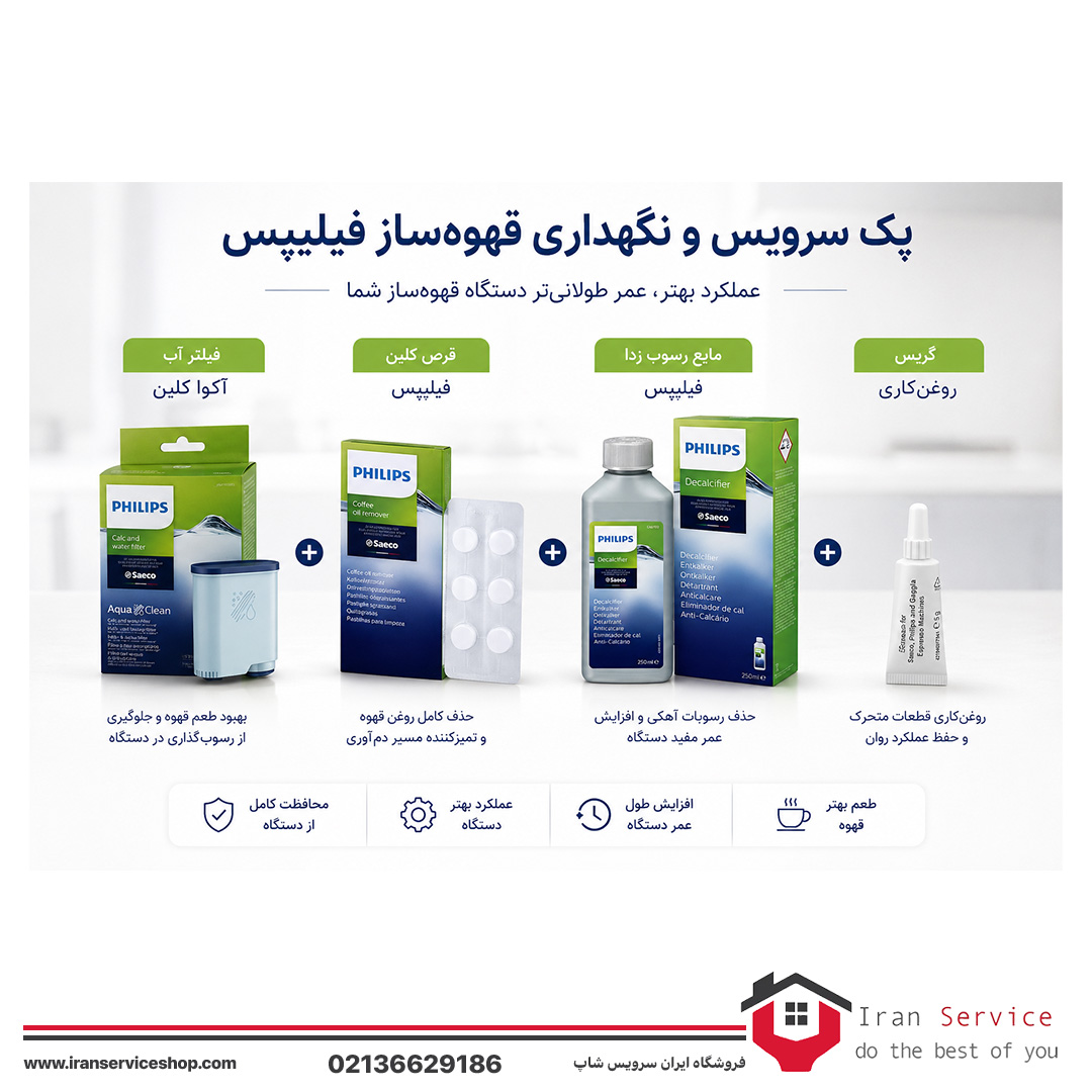 PHILIPS-ORIGINAL-PACK پک کامل رسوب زدا، قرص کلین، فیلتر و گریس قهوه ساز فیلیپس